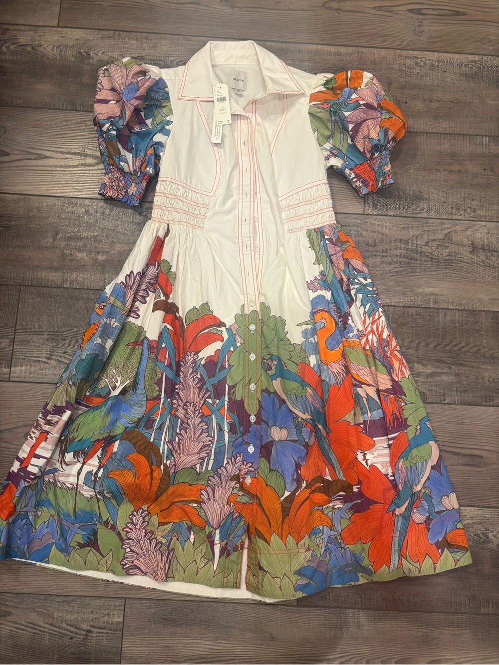Maeve White Cotton Dress with Bold Multicolor Floral Print and Puff Sleeves